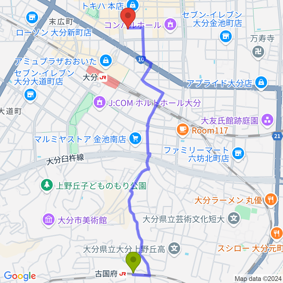 古国府駅から大分BackStageへのルートマップ地図