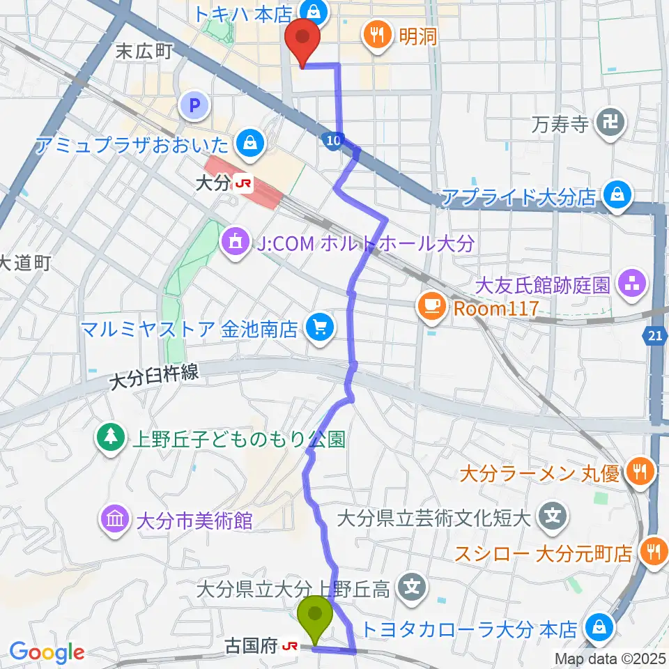 古国府駅から大分BackStageへのルートマップ地図