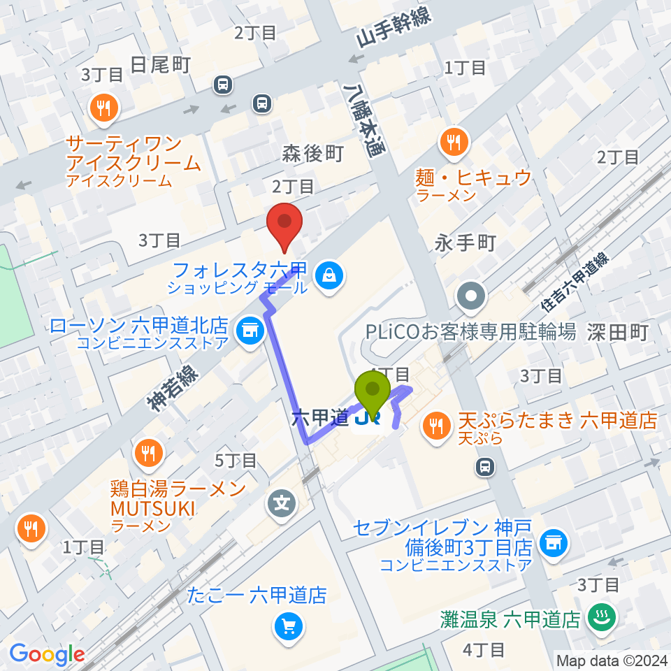 六甲道ミュージックスクールの最寄駅六甲道駅からの徒歩ルート（約2分）地図