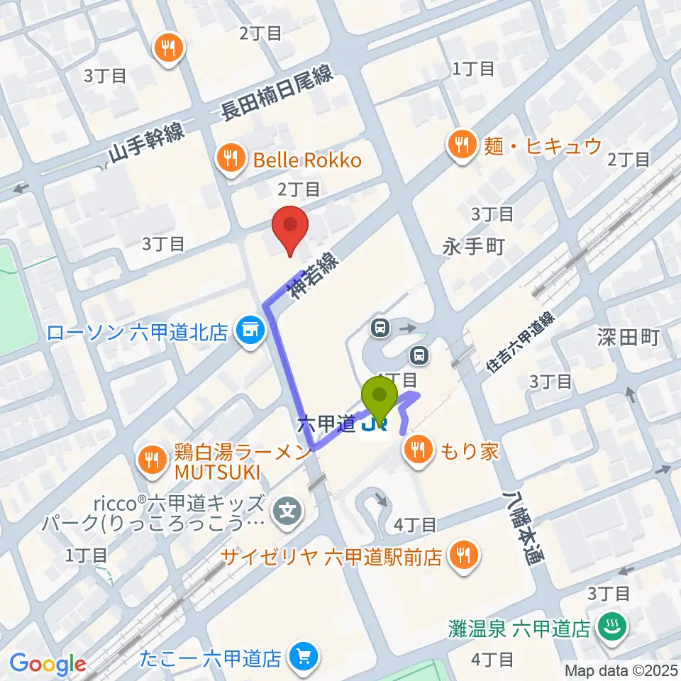 六甲道ミュージックスクールの最寄駅六甲道駅からの徒歩ルート（約2分）地図