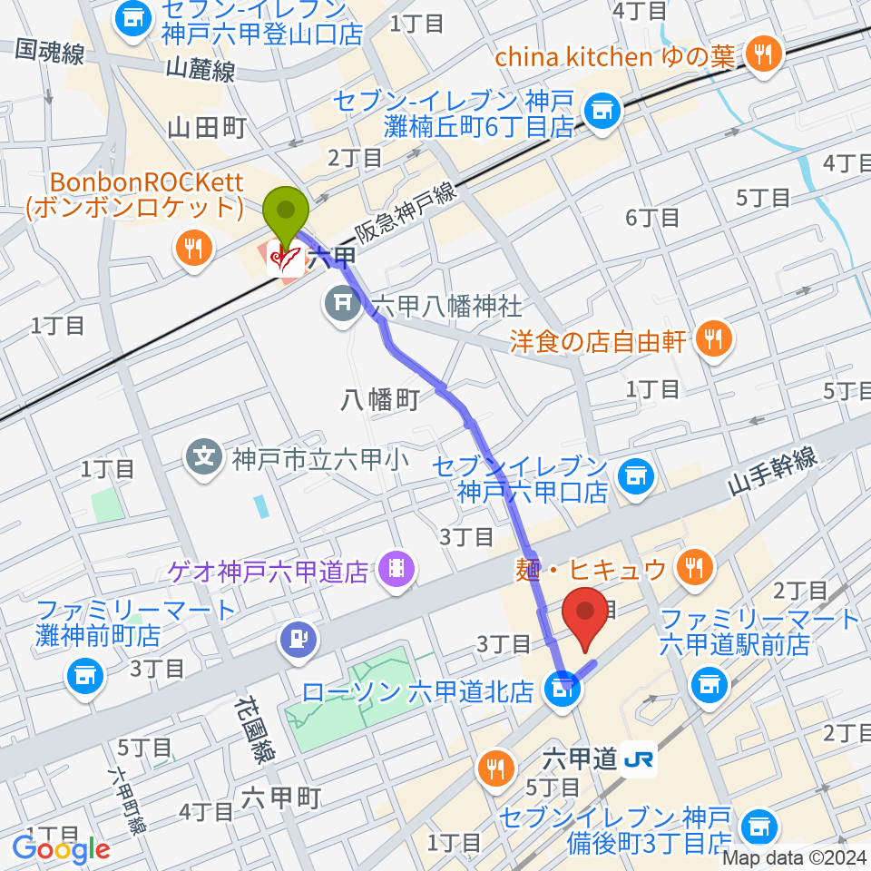 六甲駅から六甲道ミュージックスクールへのルートマップ地図