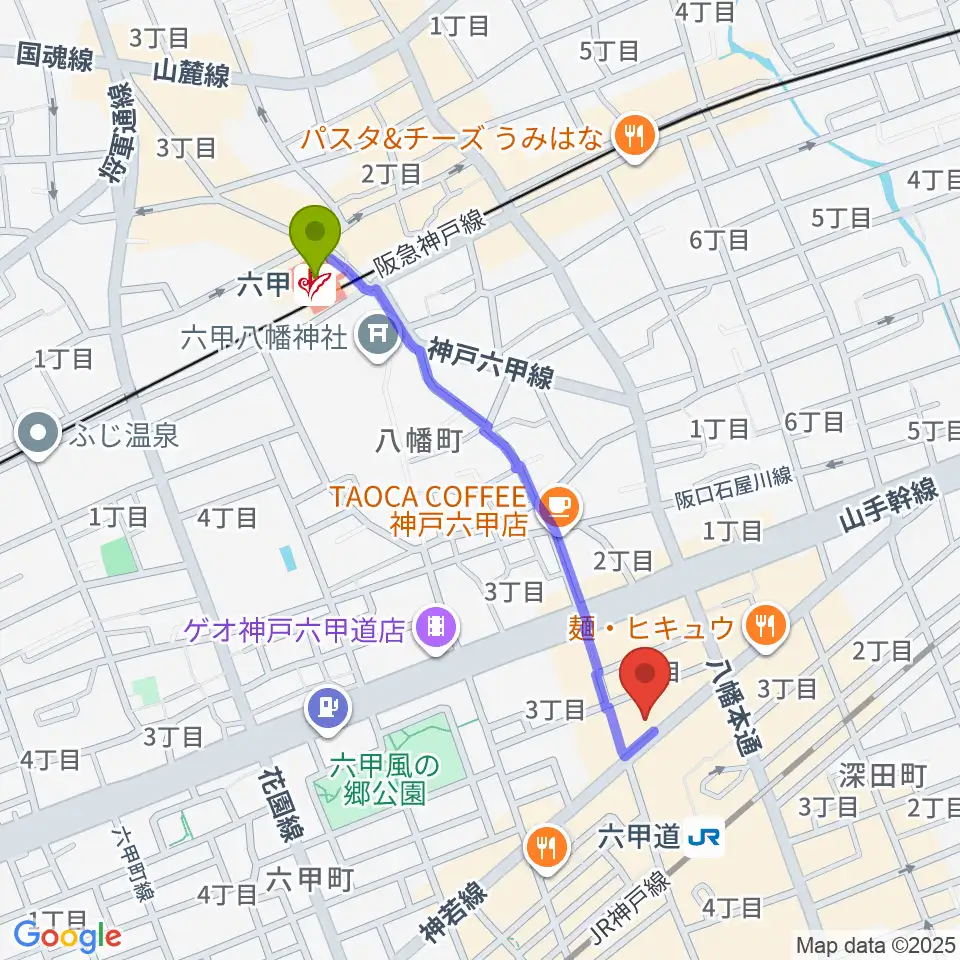 六甲駅から六甲道ミュージックスクールへのルートマップ地図