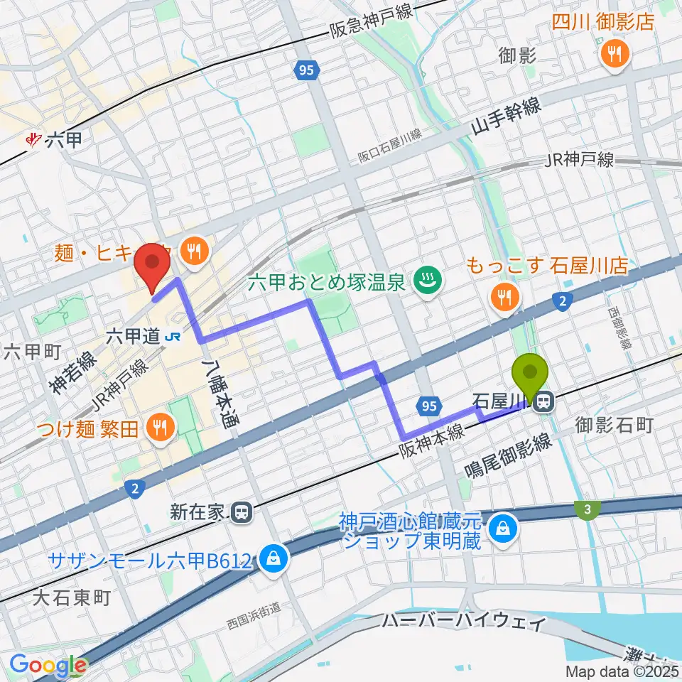 石屋川駅から六甲道ミュージックスクールへのルートマップ地図