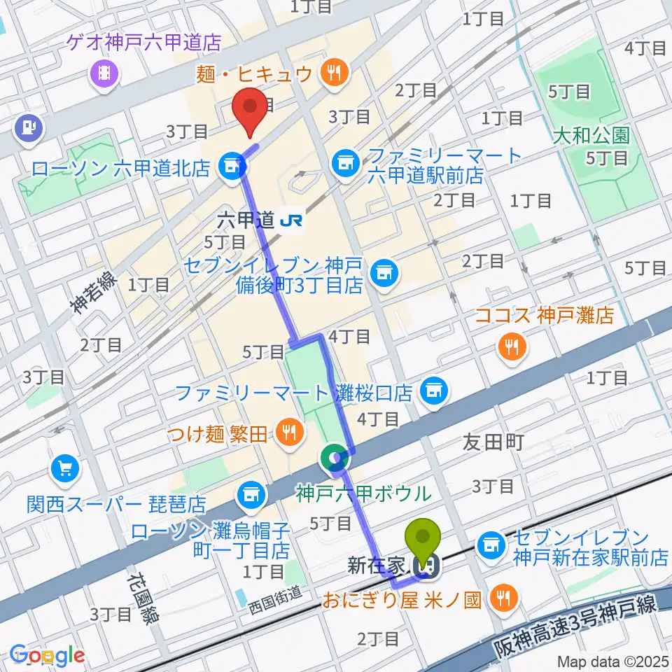 新在家駅から六甲道ミュージックスクールへのルートマップ地図