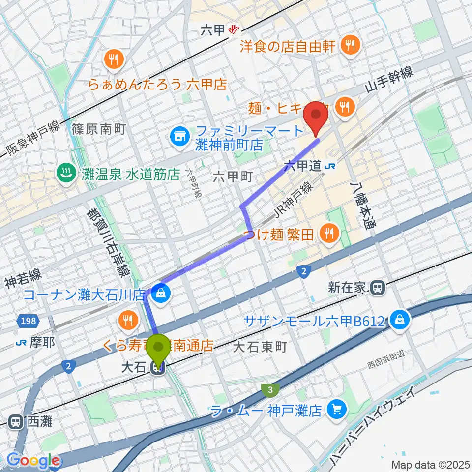 大石駅から六甲道ミュージックスクールへのルートマップ地図