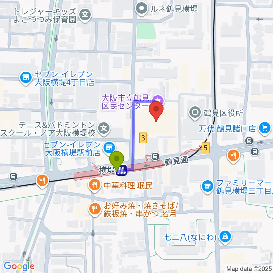 鶴見区民センターの最寄駅横堤駅からの徒歩ルート（約2分）地図