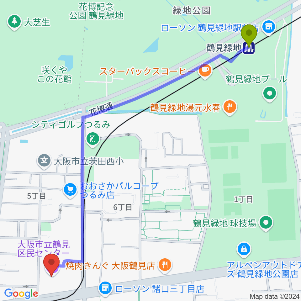 鶴見緑地駅から鶴見区民センターへのルートマップ地図