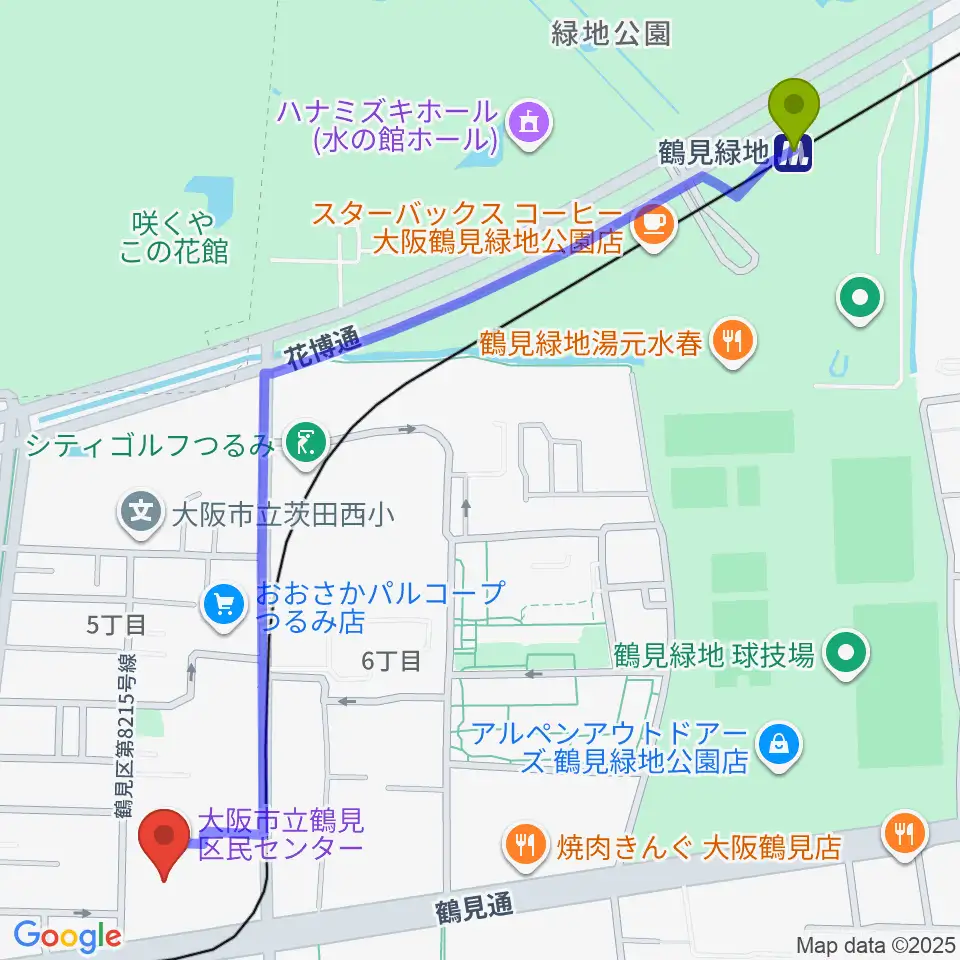 鶴見緑地駅から鶴見区民センターへのルートマップ地図