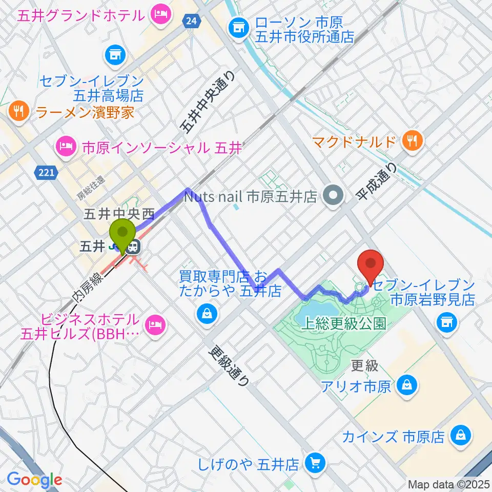 いちはら子ども未来館 weほーるの最寄駅五井駅からの徒歩ルート（約16分）地図