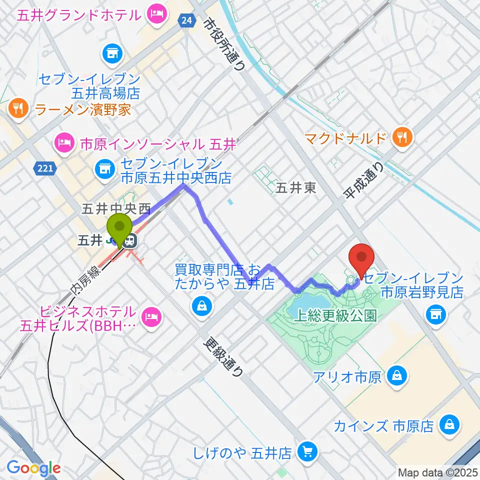 いちはら子ども未来館 weほーるの最寄駅五井駅からの徒歩ルート（約16分）地図