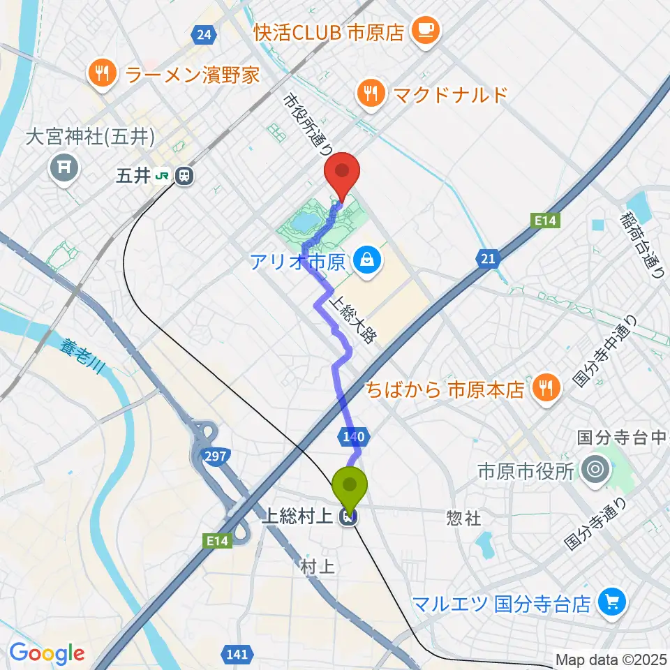 上総村上駅からいちはら子ども未来館 weほーるへのルートマップ地図