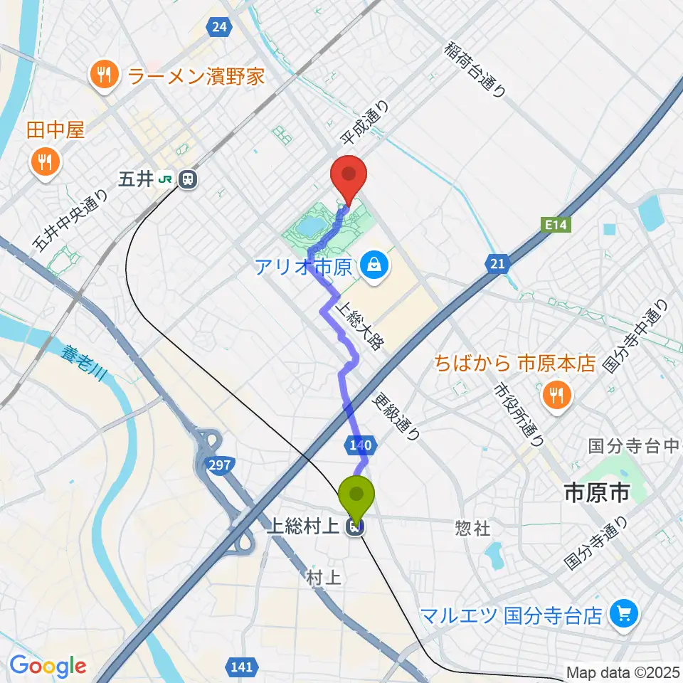 上総村上駅からいちはら子ども未来館 weほーるへのルートマップ地図