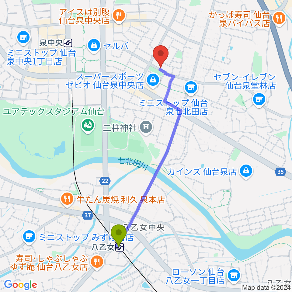 八乙女駅からJ&B泉店 ジェーアンドビーへのルートマップ地図