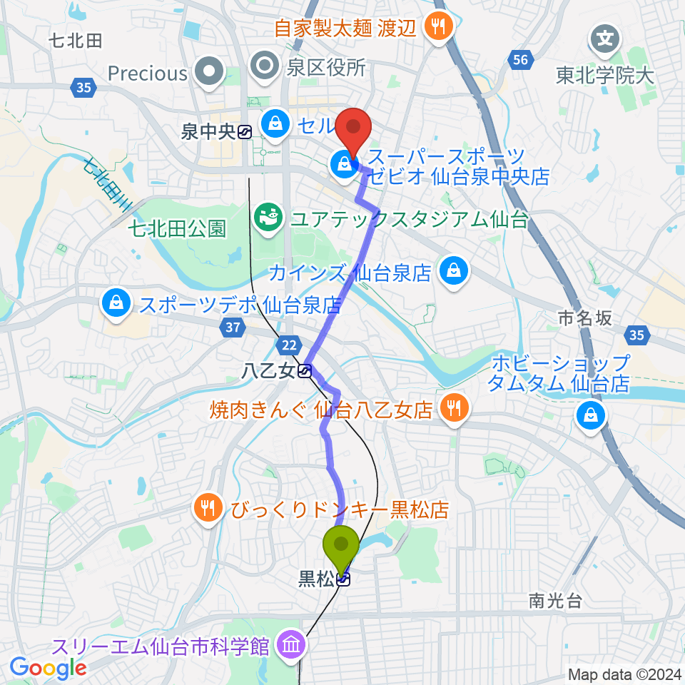 黒松駅からJ&B泉店 ジェーアンドビーへのルートマップ地図