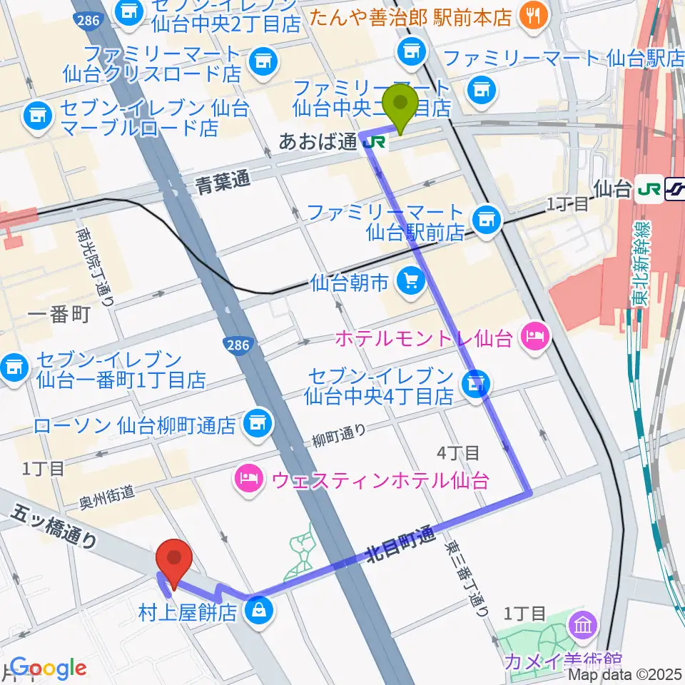 あおば通駅からジェーアンドビー北目町店へのルートマップ地図