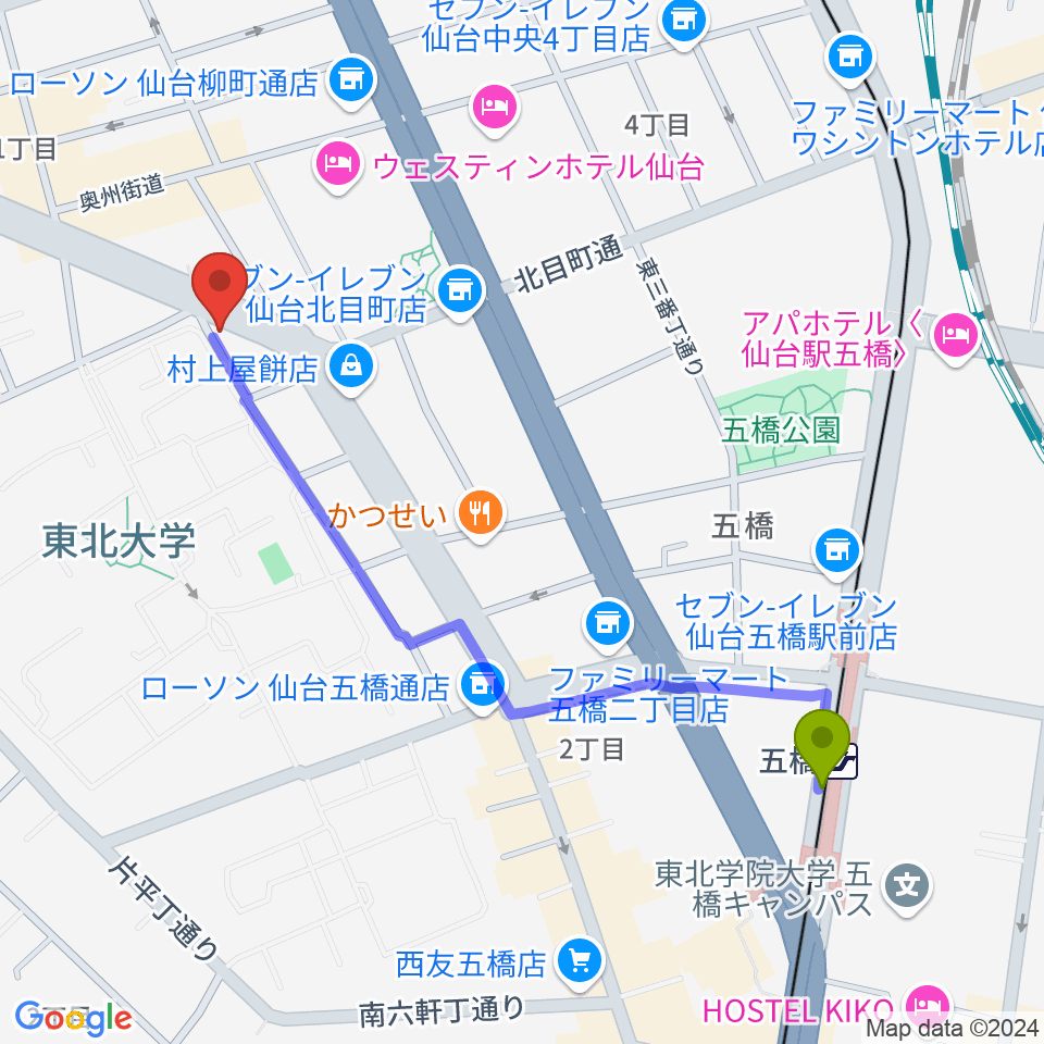 五橋駅からジェーアンドビー北目町店へのルートマップ地図
