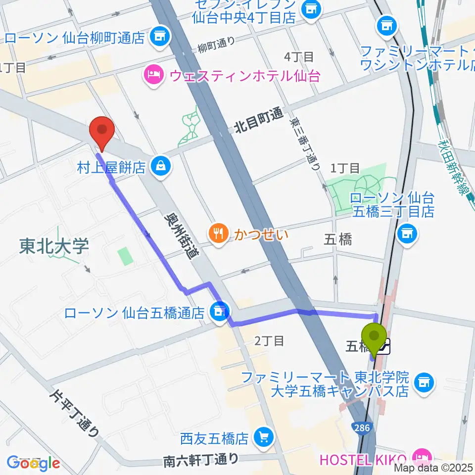 五橋駅からジェーアンドビー北目町店へのルートマップ地図