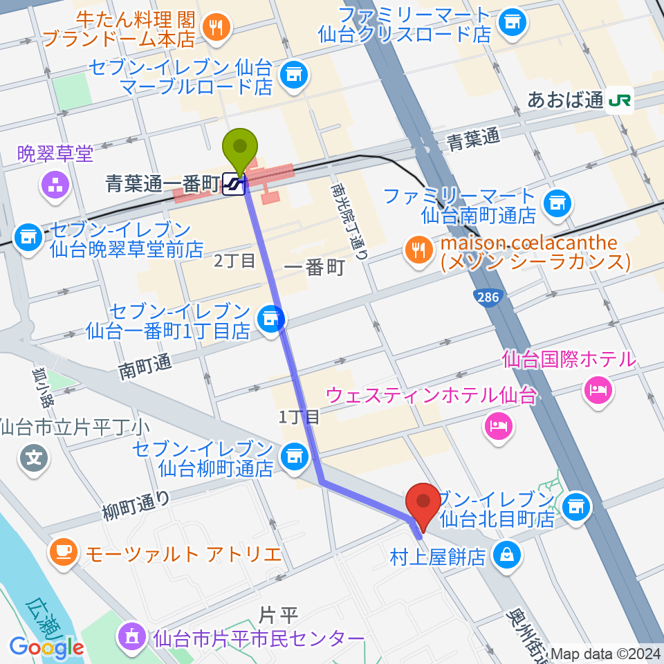 ジェーアンドビー北目町店の最寄駅青葉通一番町駅からの徒歩ルート（約9分）地図