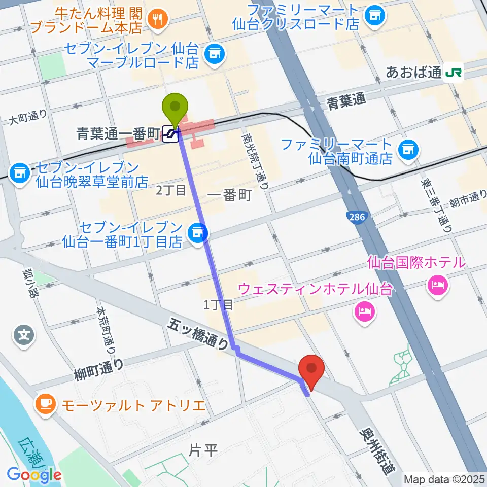 ジェーアンドビー北目町店の最寄駅青葉通一番町駅からの徒歩ルート（約9分）地図