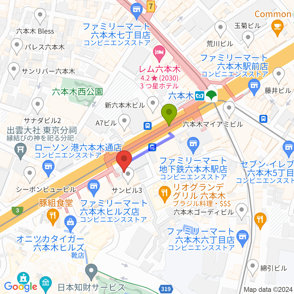 六本木アルフィーの最寄駅六本木駅からの徒歩ルート（約2分）地図