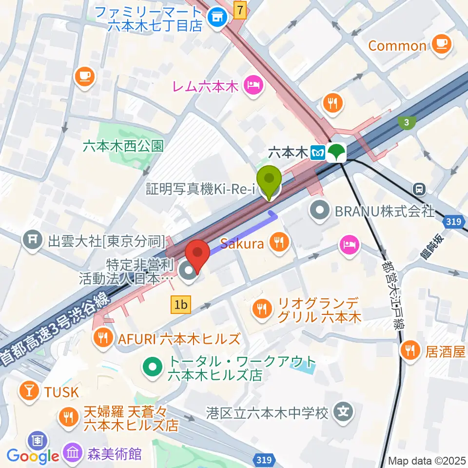 六本木アルフィーの最寄駅六本木駅からの徒歩ルート（約2分）地図