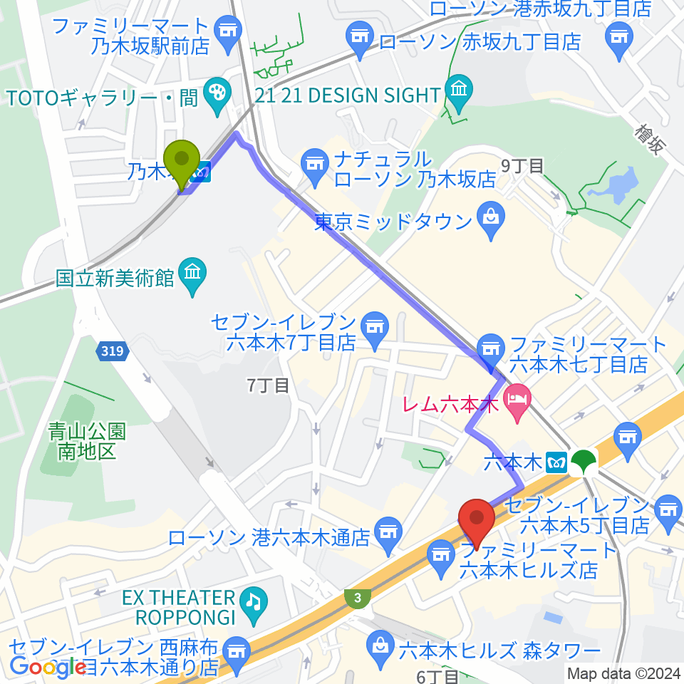 乃木坂駅から六本木アルフィーへのルートマップ地図