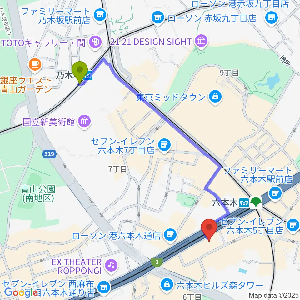 乃木坂駅から六本木アルフィーへのルートマップ地図