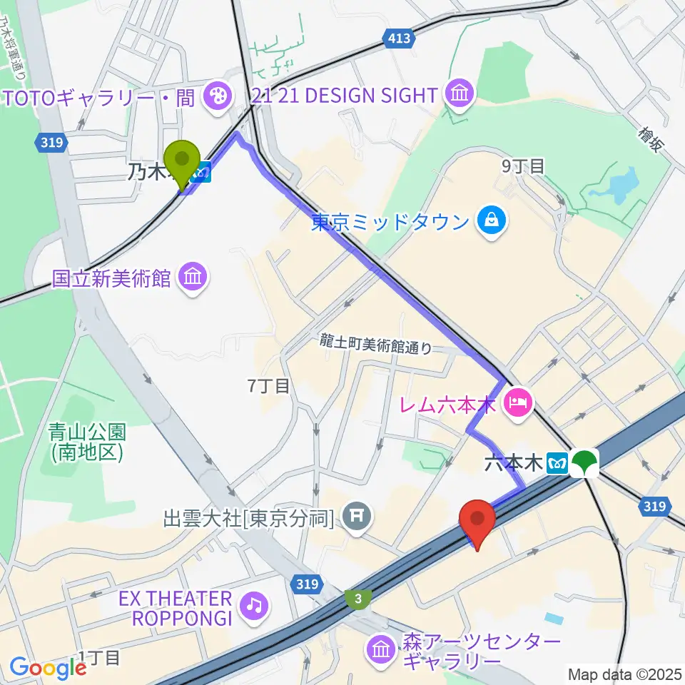 乃木坂駅から六本木アルフィーへのルートマップ地図