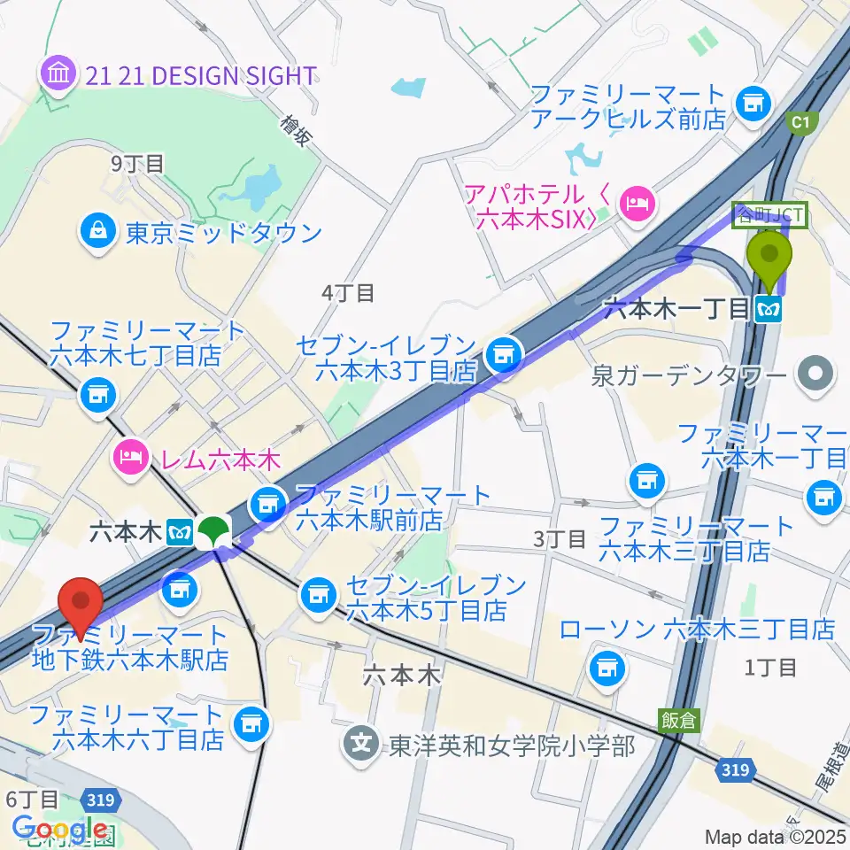 六本木一丁目駅から六本木アルフィーへのルートマップ地図