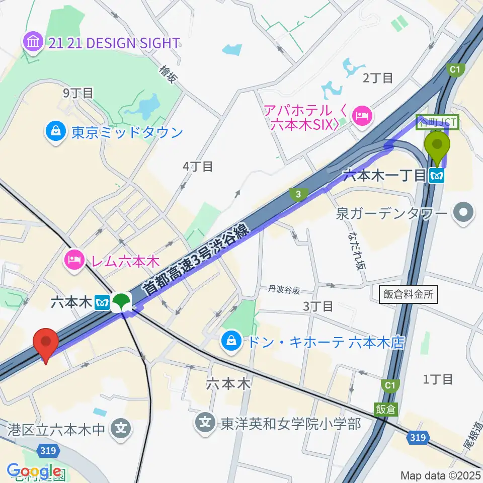六本木一丁目駅から六本木アルフィーへのルートマップ地図