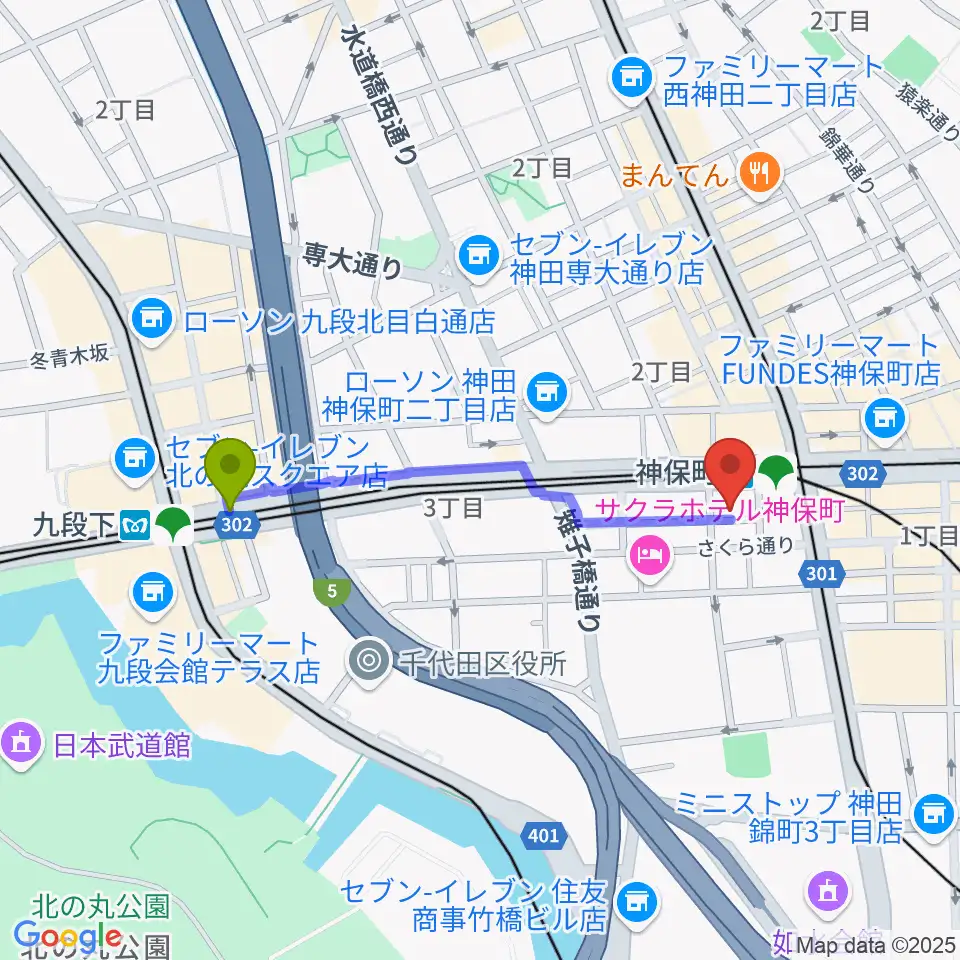 九段下駅から富士レコード社へのルートマップ地図