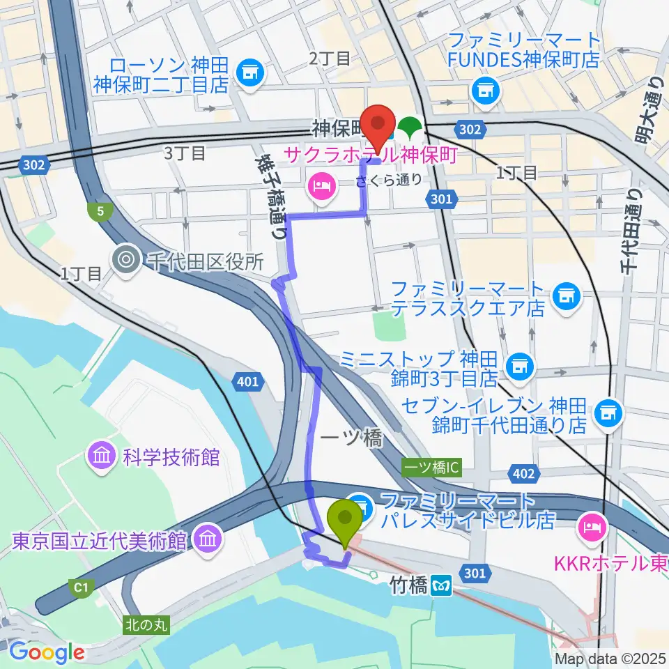 竹橋駅から富士レコード社へのルートマップ地図