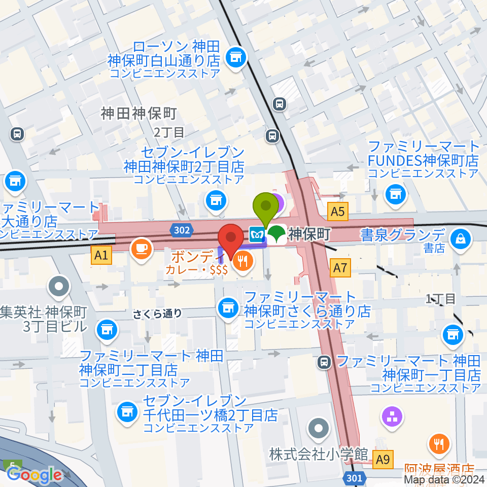 富士レコード社の最寄駅神保町駅からの徒歩ルート（約1分）地図