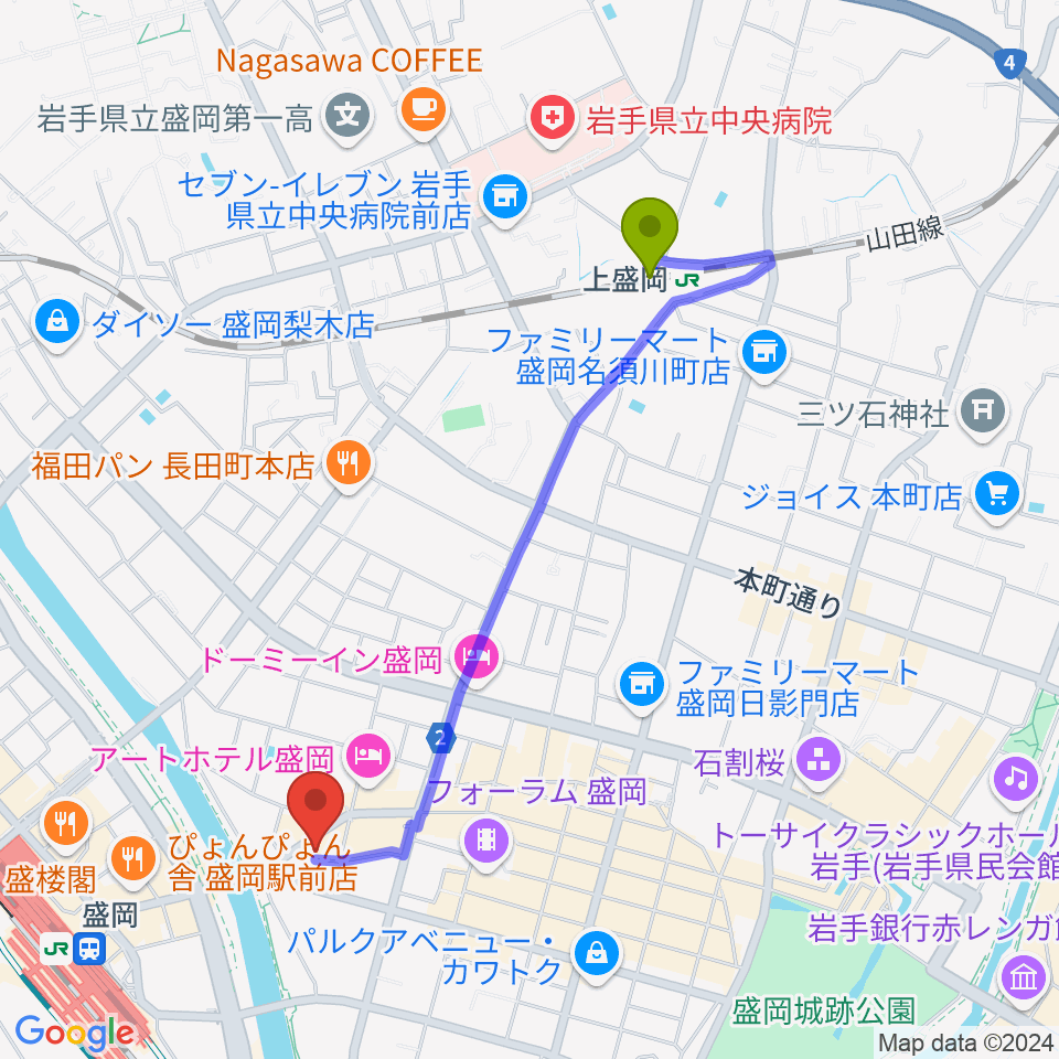 上盛岡駅からKnowledge Recordsへのルートマップ地図