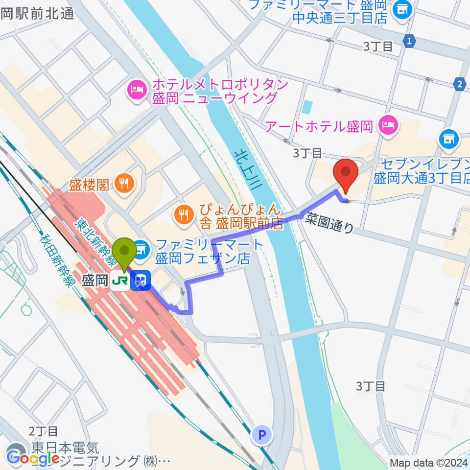 Knowledge Recordsの最寄駅盛岡駅からの徒歩ルート（約7分）地図