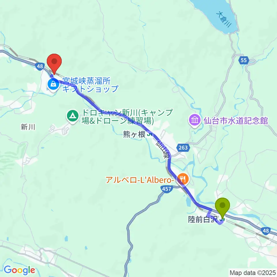 陸前白沢駅からパラダイスレコードへのルートマップ地図