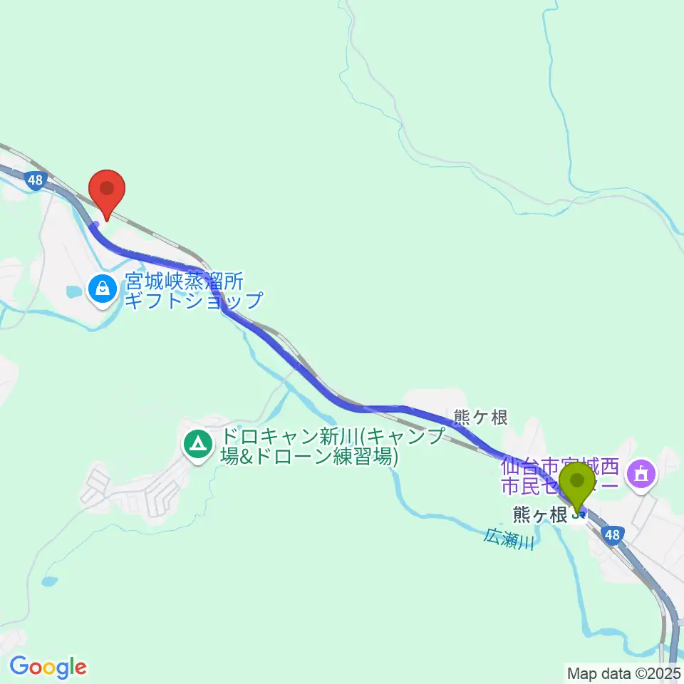 熊ケ根駅からパラダイスレコードへのルートマップ地図
