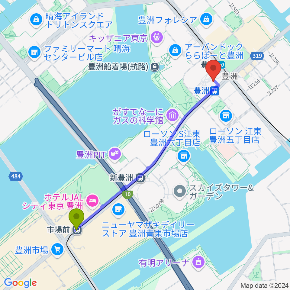 市場前駅から豊洲文化センターへのルートマップ地図