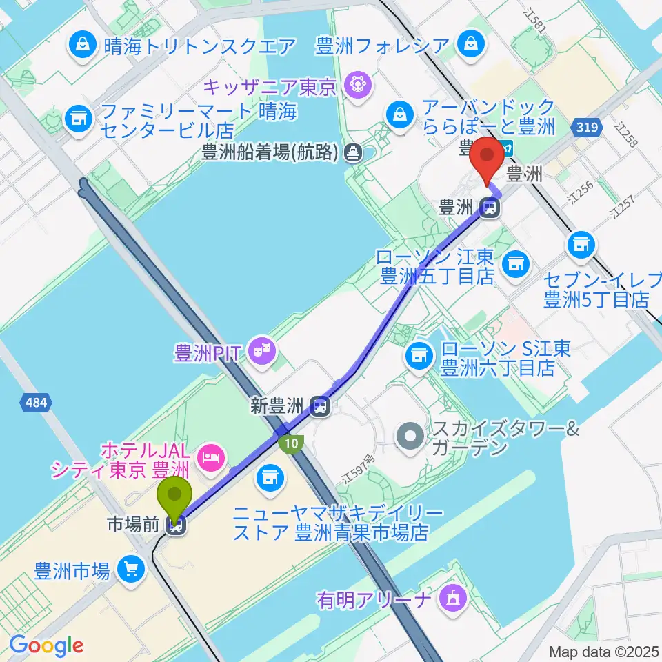 市場前駅から豊洲文化センターへのルートマップ地図