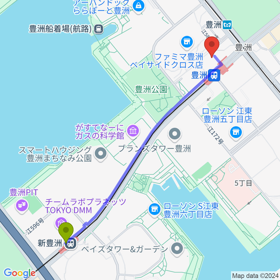 新豊洲駅から豊洲文化センターへのルートマップ地図