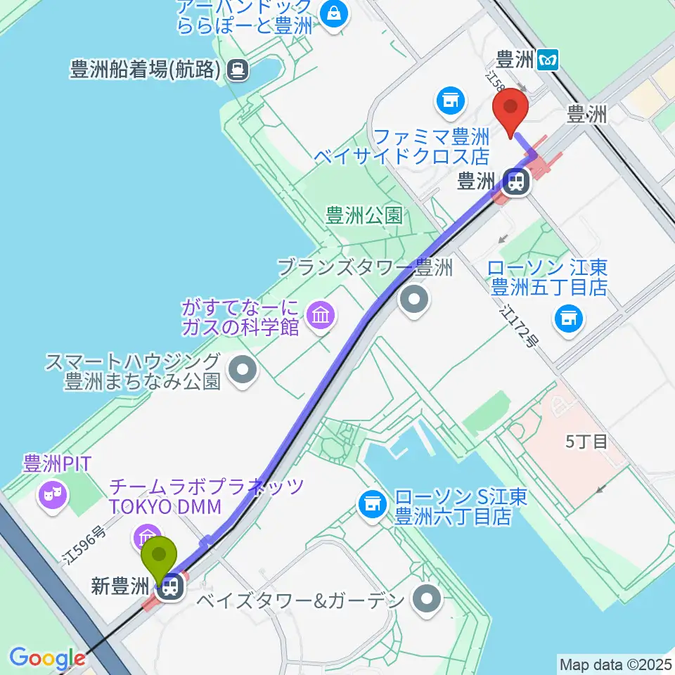 新豊洲駅から豊洲文化センターへのルートマップ地図