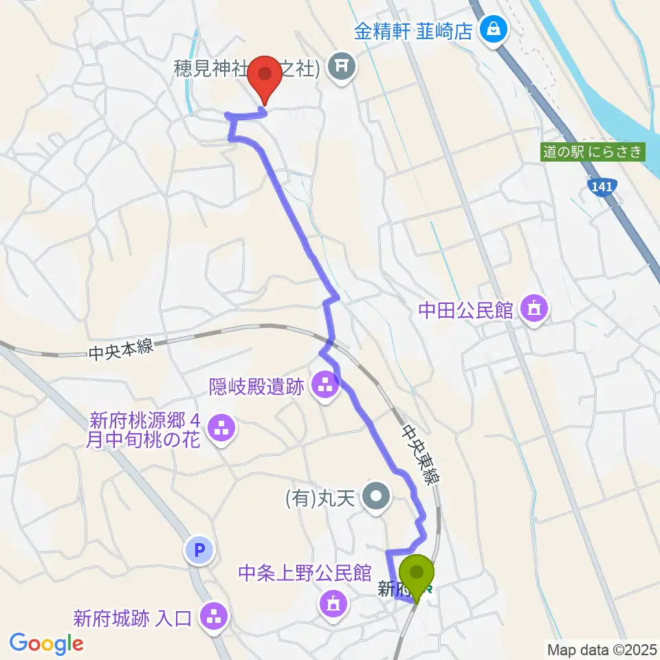 新府駅から吉沢しげるギタースクールへのルートマップ地図