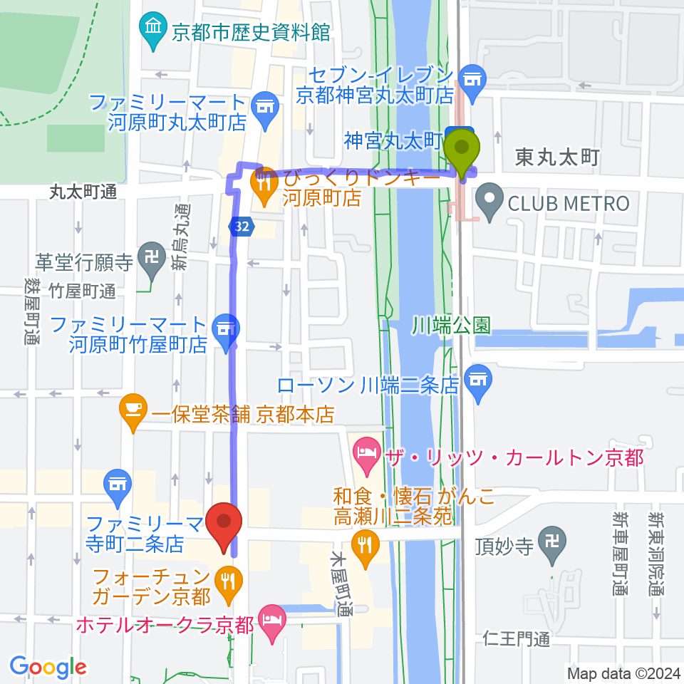 神宮丸太町駅からアートロックナンバーワンへのルートマップ地図