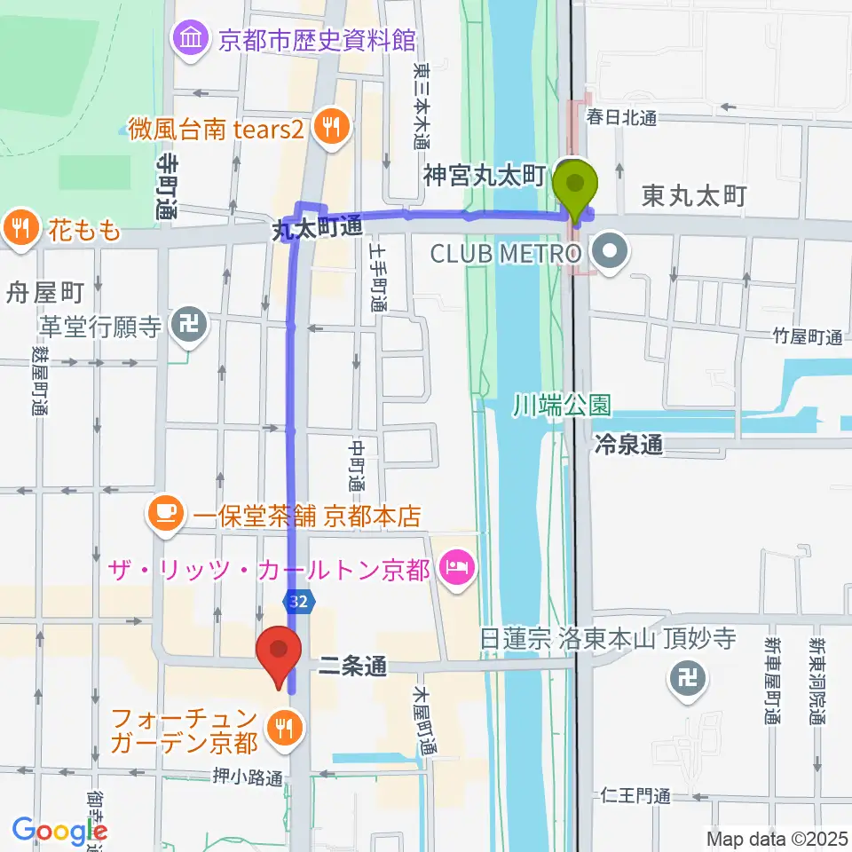 神宮丸太町駅からアートロックナンバーワンへのルートマップ地図