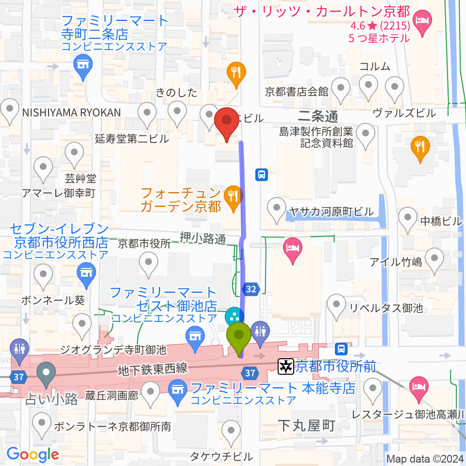 アートロックナンバーワンの最寄駅京都市役所前駅からの徒歩ルート（約4分）地図