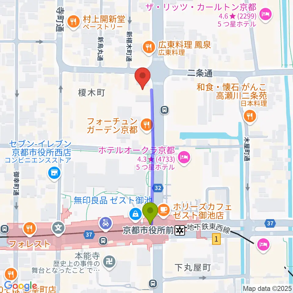アートロックナンバーワンの最寄駅京都市役所前駅からの徒歩ルート（約4分）地図