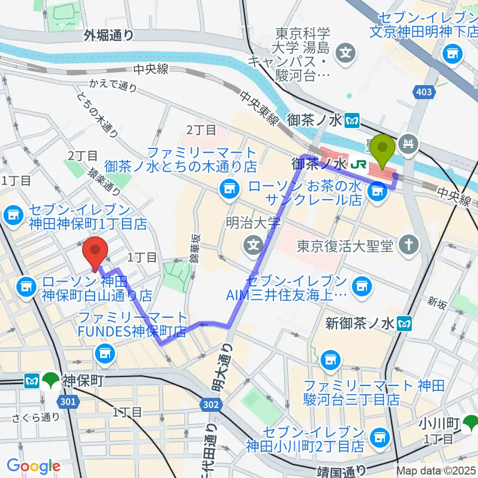 御茶ノ水駅からラバーガード・レコードへのルートマップ地図