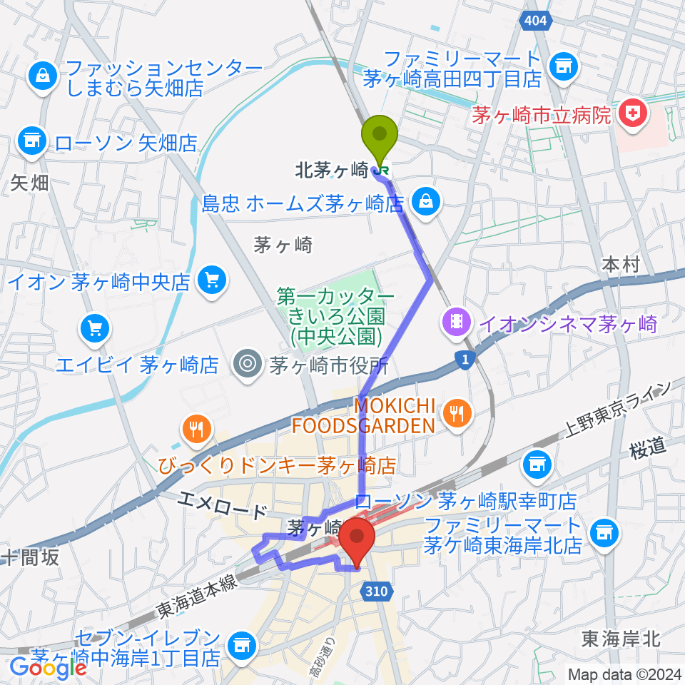 北茅ケ崎駅からLUSH LIFEへのルートマップ地図