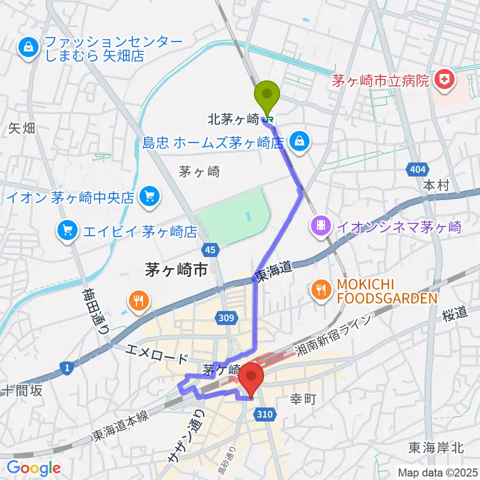 北茅ケ崎駅からLUSH LIFEへのルートマップ地図