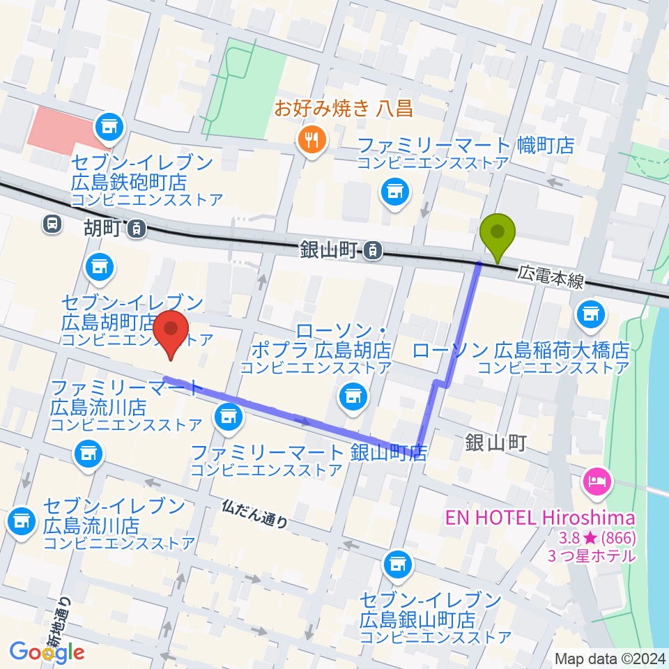 銀山町駅から広島ミンガスへのルートマップ地図